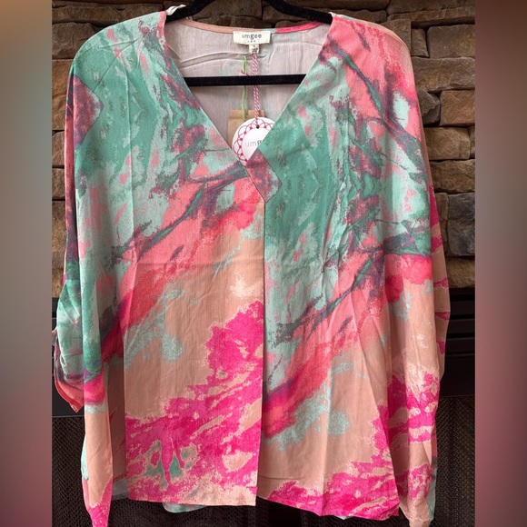 Umgee Tops - Umgee Pink Green Multicolor Abstract Flowy Blouse